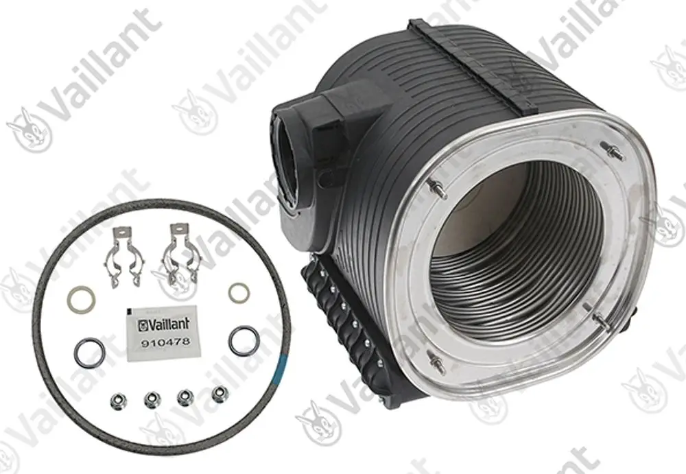 Wärmetauscher von Vaillant mit flexibler Metallspirale und Zubehörteilen in einem Set. Teile umfassen Dichtungen und Montagezubehör.